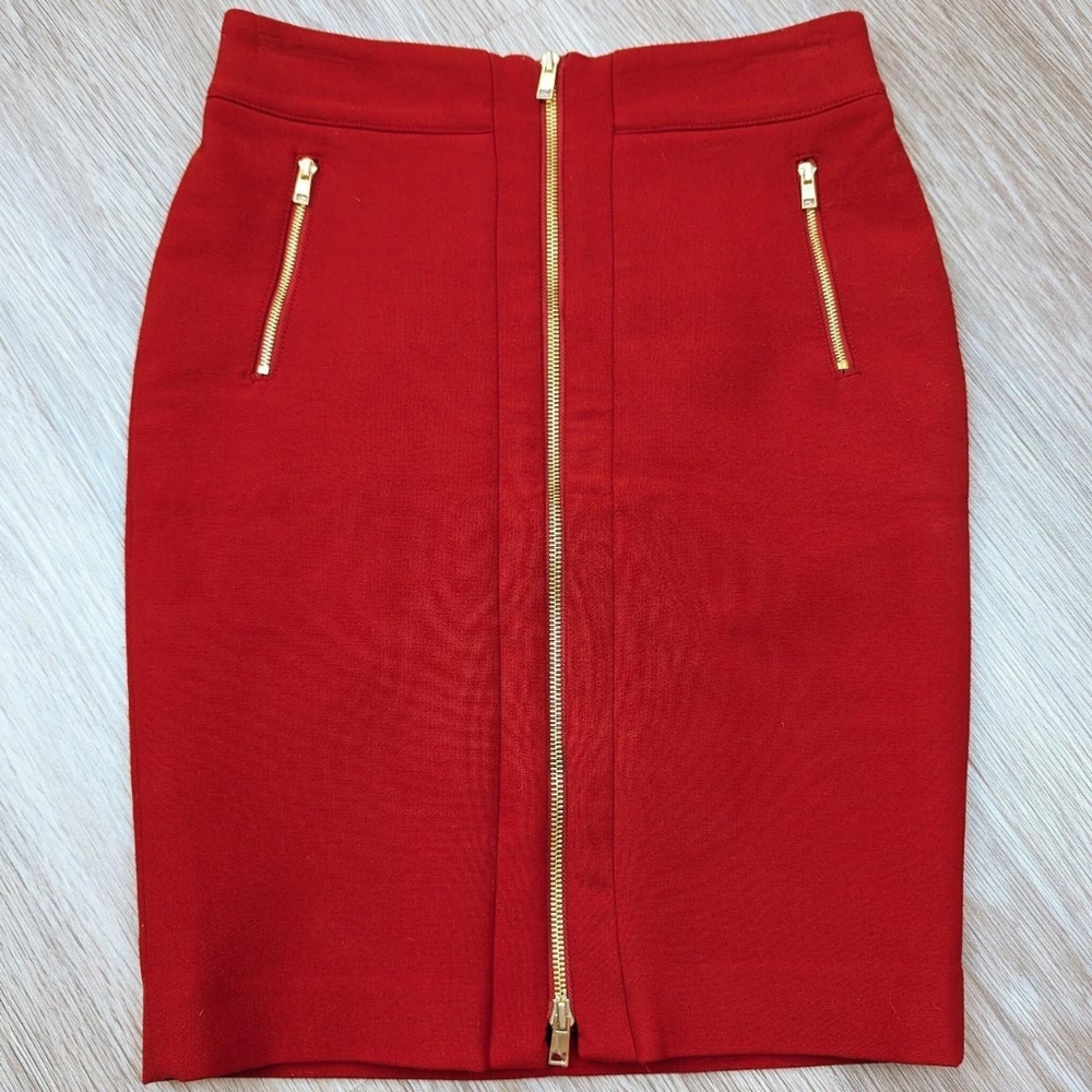 2015 Ann Taylor Petite Red & Gold Two Way Zip Pencil Skirt